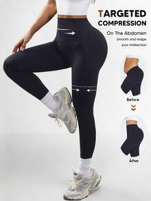 Women's Compression Leggings, Yoga Pants, Butt Lifting, Seamless, High Waist, Slimming Tights - Black - View 3