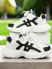 1 Pair Fashion Black & White Contrast Kids Chunky Sneakers, Lightweight Breathable Hook And Loop Sports Shoes, Unisex Casual Footwear - Black and White - View 2