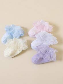 5双装女童白色休闲荷叶边蕾丝袜，时尚公主风蕾丝袜，适合日常穿着、派对、返校季。 - 彩色 - 查看 5