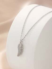 1件银色不锈钢奢华水钻羽毛翅膀吊坠项链，时尚简约休闲风格男女通用情侣项链 - 銀色 - 查看 4
