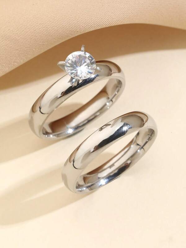 2 piezas Juego de anillos minimalistas de acero inoxidable plateado, incrustados con circonita blanca, adecuados para mujeres u parejas para uso diario o como regalo