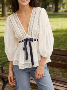 Women's Deep V-Neck Blouse Lace Patchwork 3/4 Sleeve Cinched Waist Bow Tie Front Slim Peplum Tops Streetwear - trắng - Xem 8