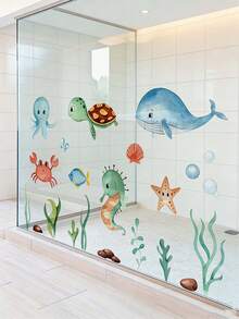 1 件异想天开的海洋生物和卡通动物墙贴 - 自粘 PVC 贴花，带有柔和色调的卡通鱼、水母和海洋生物 - 非常适合青少年卧室或客厅装饰、青少年房间装饰 | 俏皮设计 | PVC 墙贴，海洋主题装饰 - 彩色 - 查看 9