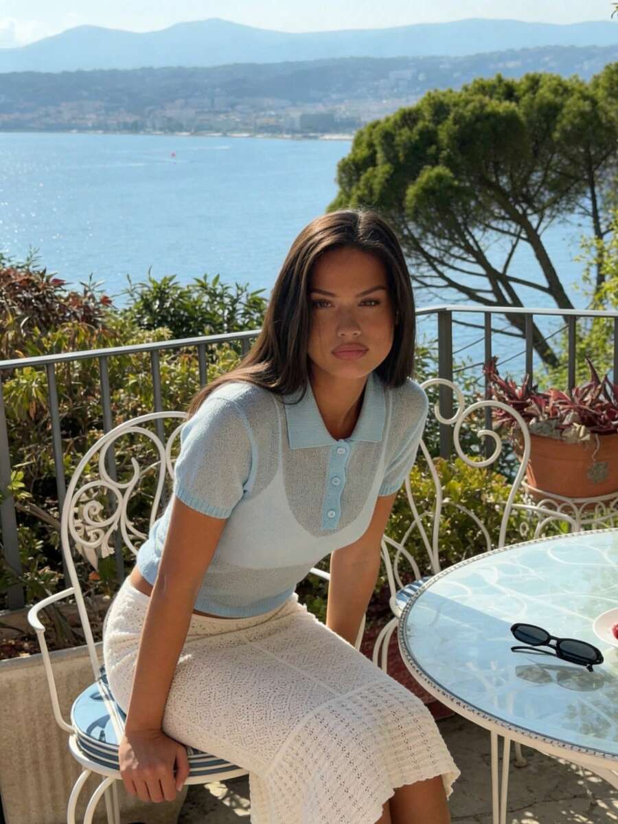 Senya 女士纯色翻领半拉链针织衫,短袖宽松休闲透视针织上衣,适合情人节、新年、休闲、派对、办公室、机场等场合,2026 新款套头衫 - 淺藍色 - 查看 1