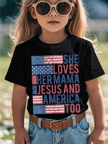 Es una buena chica que ama a su mamá, a Jesús y también a Estados Unidos. Camiseta gráfica divertida y genial para niños. Camisetas lindas para niños. Tops. - Negro - Ver 1