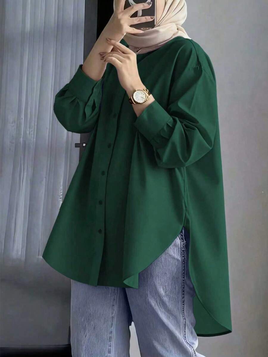 Áo sơ mi nữ dài tay kẻ caro, cổ bẻ, cài cúc phía trước, chất liệu vải dệt, thiết kế đơn giản và thanh lịch, thích hợp cho mùa xuân. - Màu xanh lá cây đậm - Xem 1