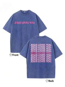 Summer Tops2026Heavyweight Washed T-Shirt - Jesus Loves You Religious Graphic T-Shirt, Pink-Green Background With Pink Letter Double-Sided Print - Chr - 藍色 - 查看 9