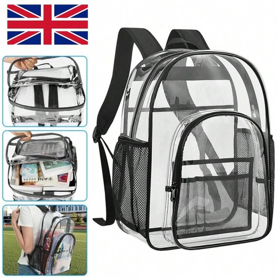Large Heavy Duty Clear Backpack Waterproof See Through Plastic PVC For School UK - Transparent & Black - View 1