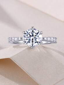 925纯银莫桑石戒指，低过敏性，订婚/结婚戒指，简约别致设计，百搭日常佩戴，婚礼/周年纪念/生日礼物，礼盒包装 - 銀色 - 查看 5