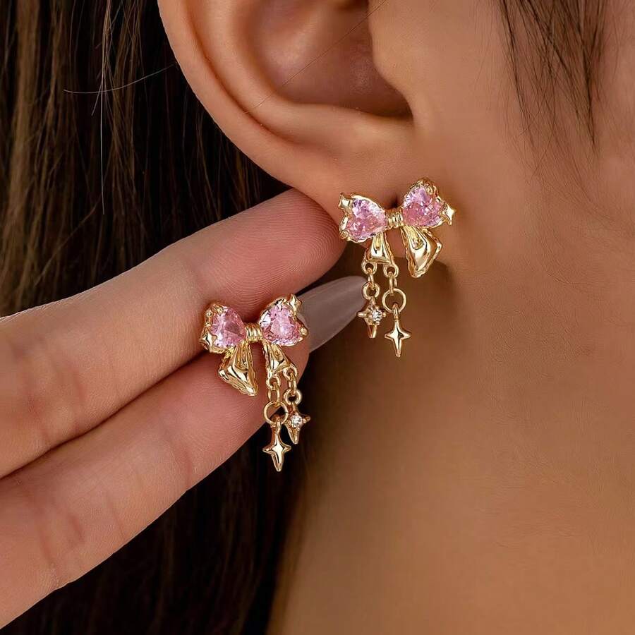 可爱锆石蝴蝶结耳钉，活泼星星流苏耳环，少女气息耳环 - 彩色 - 查看 1