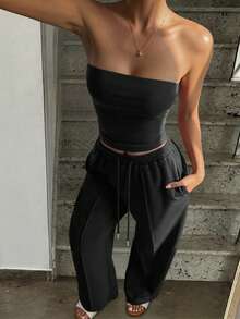 Bộ đồ mùa thu Vaiaye 2 món, áo crop top cúp ngực gợi cảm ôm sát và áo quây yoga màu trơn co giãn ôm sát, cùng quần dài màu đen thanh lịch dành cho mùa xuân/hè. - màu đen - Xem 8