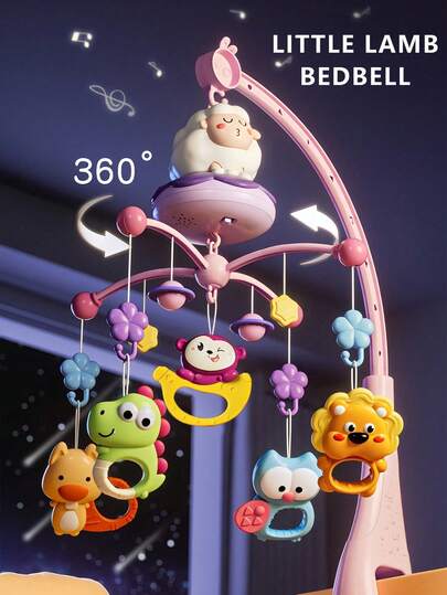 Móvil de cuna de bebé con forma de oveja linda con campana, música y luces, rotación automática de 360°, ayuda al desarrollo cerebral del bebé, apto para cochecito y silla de coche, gran regalo