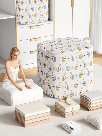 1 pieza Caja de almacenamiento de ropa de gran capacidad, organizador de armario plegable para el hogar, cesta de almacenamiento a prueba de polvo con asa reforzada mejorada, tela impermeable reforzada y cremallera suave de doble cara, diseño con estampado de dibujos animados, ideal para almacenamiento en el hogar y almacén
