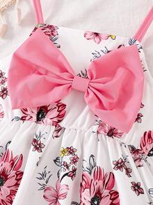 Vestido sin mangas con estampado floral y lazo para niña, estilo princesa adorable, para verano - Rosa - Ver 4
