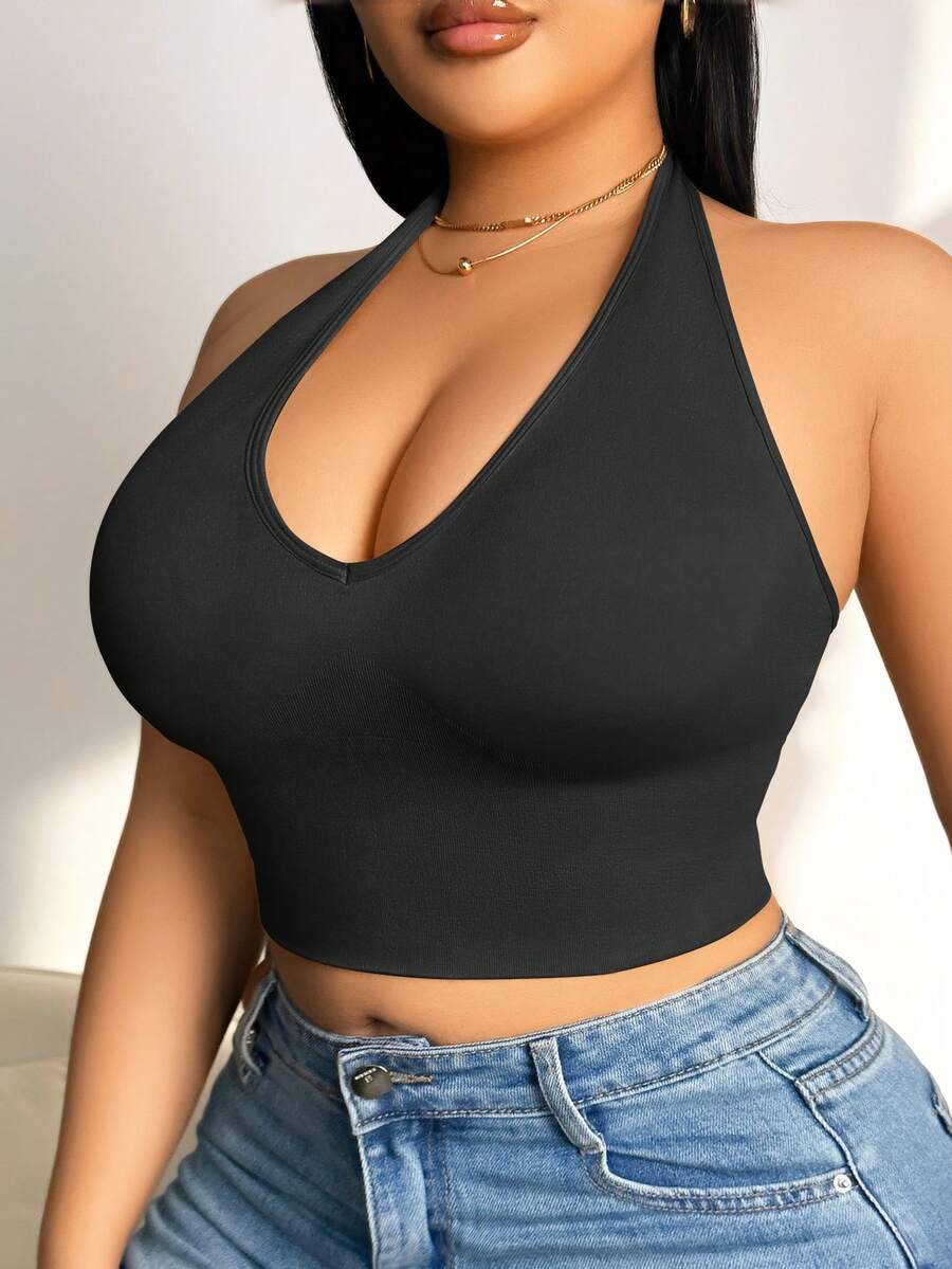 1pc Plus Size Women Racerback Sports Bra With Removable Pads, Wireless Shaping Waist Workout Bra - Black - View 1
