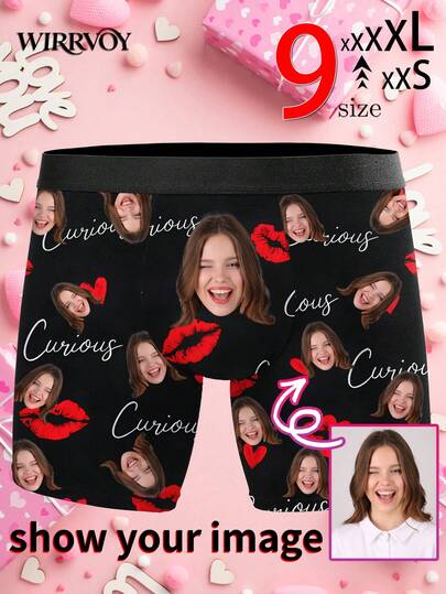 1pc Customized Boxer Briefs For Men - Personalized Men's Underwear With "Curious" Print, Red Lipstick & Hearts, Funny Expression Customized Boxer Briefs, Husband's Exclusive Customized Boxer Briefs, Cute, Minimalist, Fun, Comfortable, Unique Underwear, Ideal Valentine's Day, Anniversary, Birthday, Wedding Gift For Boyfriend, Husband, Him, Perfect For Fitness Guys