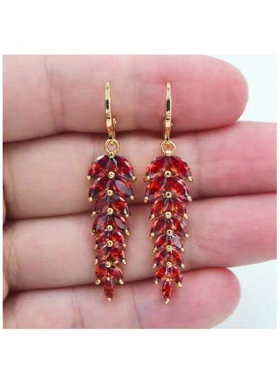 1 Pair Fashionable & Elegant Red Synthetic Zirconia Dangle Earrings, Wheat Ear Design, Ideal For Daily Wear And Parties, Perfect Gift For Her
