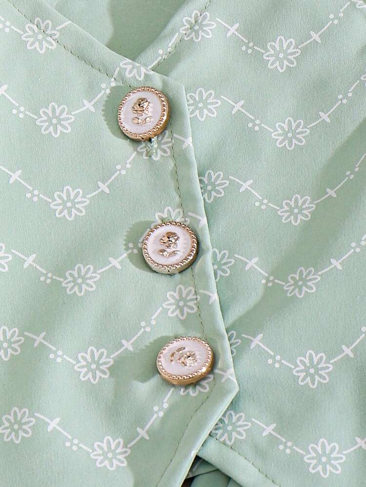 2件套女婴优雅碎花无袖上衣和短裙套装，夏季 - 薄荷綠 - 查看 7