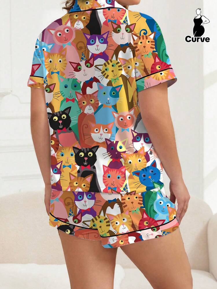 2pcs Colorful Funny Cute Cat Print Pajama Set, Comfortable Short Sleeve Cardigan Shirt And Elastic Waist Shorts, Stylish For Outdoor And Indoor Wear, Suitable For All Seasons - Multicolor - View 2