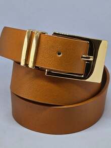 1 Piece Of Women's Caramel Brown Belt With Organic-Shaped Buckle, Classic Style, Versatile Metal, Premium PU Leather With High Durability. - 鏽棕色 - 查看 2