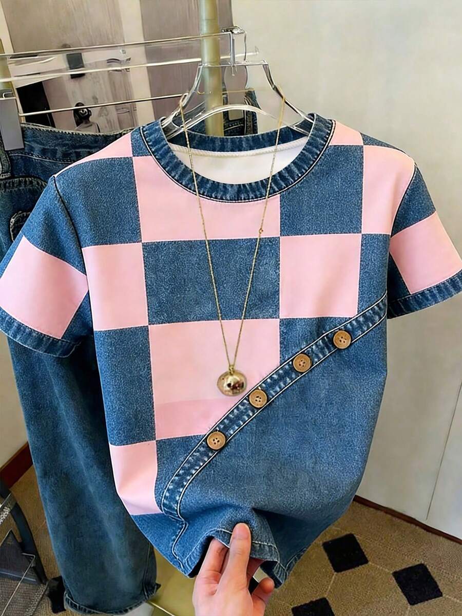 Fashionable Printed Contrast Pink Plaid Summer Tops For Women, Holiday Outfits, T-Shirts, Summer Outfits - White - View 1