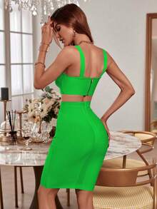 Women's Fashionable Summer Sexy Elegant Spaghetti Strap Crop Top And Skirt 2-Piece Set, Tie-Waist Mini Dress, Pink Cocktail Party Dress - Green - View 6