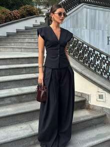2pcs/Set Elegant & Chic Women's Outfit, Sleeveless V-Neck Striped Blazer Top And Pleated Wide Leg Pants Set - Black - View 1