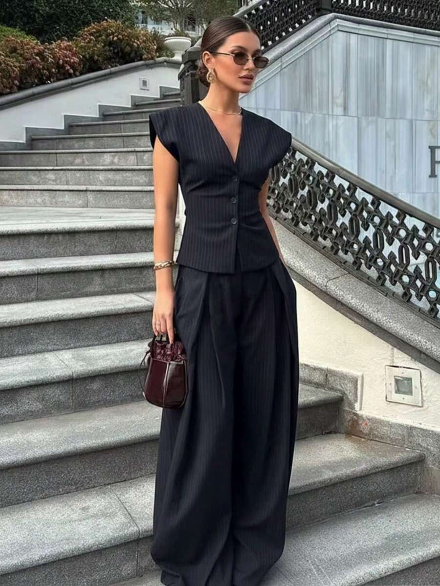 2pcs/Set Elegant & Chic Women's Outfit, Sleeveless V-Neck Striped Blazer Top And Pleated Wide Leg Pants Set - Black - View 1