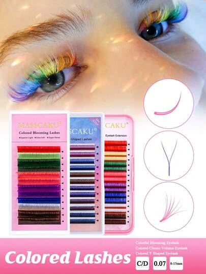 MASSCAKU 12 filas de extensiones de pestañas coloreadas en blanco, rosa, rojo, marrón, amarillo, verde, azul y morado. Mezcla de colores con rizo C/D de 0.07mm. Extensiones de pestañas individuales con forma de Y de estilo floreciente y clásico