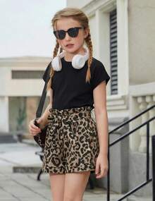 Girls 2 Piece Summer Outfit Drop Shoulder Batwing Sleeve Top & Paperbag Waist Shorts Set 6-14 - Black+Leopard - View 5