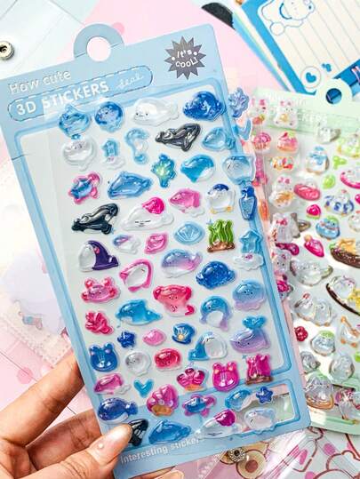 High Quality 3D Cute Stickers, Interesting Shiny Embossed Decorations, Stereoscopic Interesting Japanese Anime Stickers, Crystal Stickers, Solid Material, Exquisite Stereoscopic Shape, Self-Adhesive Waterproof Non-Stick Decorative Stickers, With Textured Effect And Rich Decorative Atmosphere, Mixed Color Design, Asymmetric Shape, Waterproof Decorative Stickers