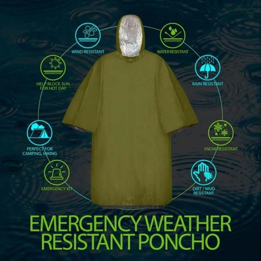 Emergency Survival Rain Poncho, Windproof & Warm, Suitable For Camping And Hiking, PE Material, Unisex - Multicolor - View 1