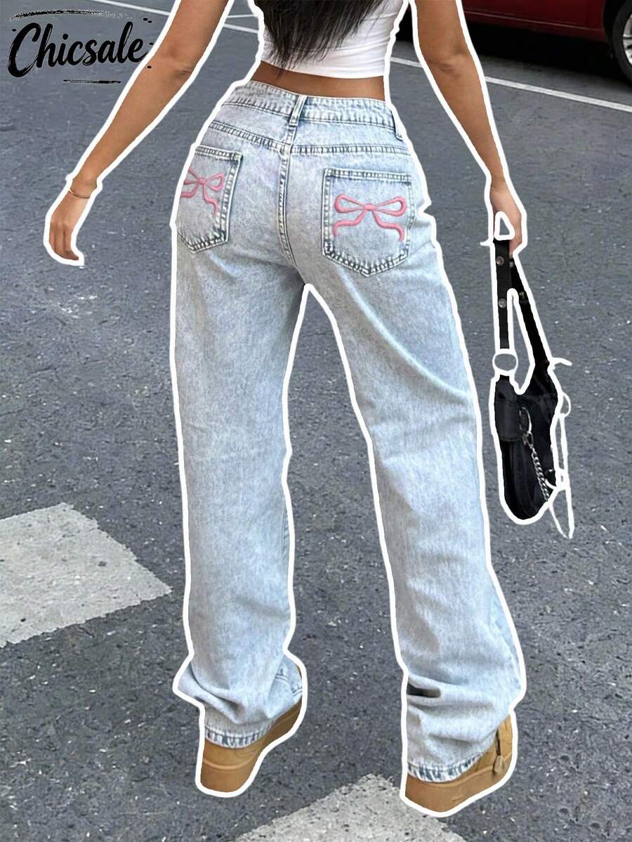 Jeans rectos y sueltos con bordado de mariposa en los bolsillos, estilo casual de primavera para mujer - Lavado ligero - Ver 1