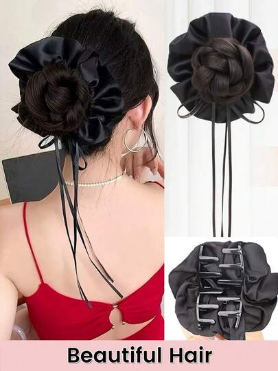 新款合成缎面发圈发髻带爪夹马尾假发片蓬松卷发髻，适合女性日常使用