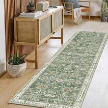 Flannel Washable Runner Rug 2x6 – Non Slip Boho Floral Hallway Runner Rug With Rubber Backing, Low Pile Faux Wool Distressed Carpet For Kitchen, Laundry, Bedroom, Entrance, Mottled Green - màu xanh lá - Xem 11