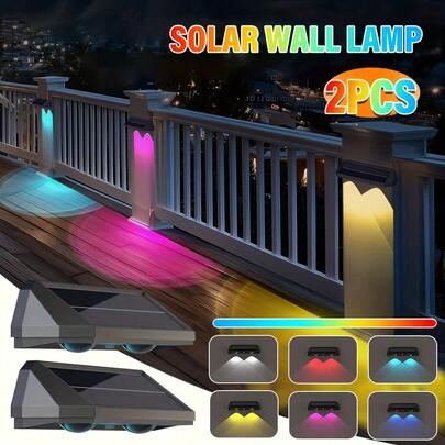LiHangStar 2pcs Solar Outdoor Wall Lights, Warm White + RGB Fence Lights, Outdoor LED Deck Lights, Automatically Lighting From Dusk To Dawn, Suitable For Walls, Railings, Steps, Yards, Pools, Backyards And Other Outdoor Areas