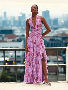 Slim And Thin Temperament Gentle Style Fashion Printed Pleated Waist Dress - màu hồng tím - Xem 1