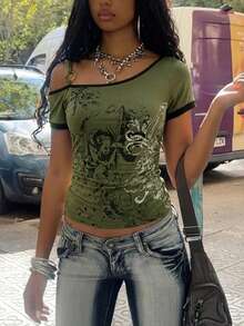 女士Y2K复古不对称T恤 - 橄榄绿，单肩O型环，抽象印花，侧边褶皱休闲款 - 彩色 - 查看 1