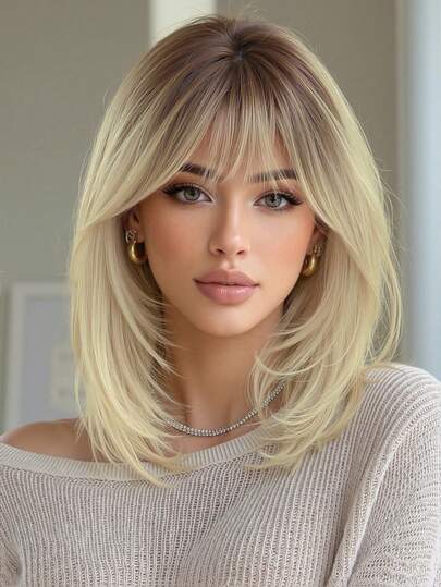 渐变金色短假发，带刘海的合成波波头假发，自然深色发根，适合日常佩戴和角色扮演，层次感波波头短直发假发