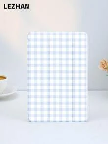 1pc Light Blue Plaid Pattern Tablet Protective Case With Pencil Slot, Anti-Drop, Tri-Fold Tablet Stand Protective Shell, Compatible With 10.2", Pro 11" 2021/2020/10th Gen, (A16) 11" 11th Gen 2025, 8th/9th/10th Gen, Galaxy Tab A8 10.5" 2022, Matepad 10.4"/Tab, , Support Sleep/Wake, Romantic Personalized Gift - Multicolor - View 1