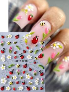 Set de 2 pegatinas de arte de uñas 5D estereoscópicas con abeja, mariquita, margarita, tulipán, hoja verde y enredadera, decoración de uñas DIY para primavera/verano - Multicolor - Ver 3