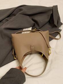 1pc Khaki Solid Color PU Handbag - Khaki - View 7