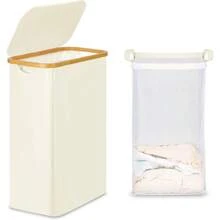 75L Narrow Laundry Basket With Bamb*Oo Handles And Removable Bag For Bathroom & Bedroom Use - Beige Color - Beige - View 1