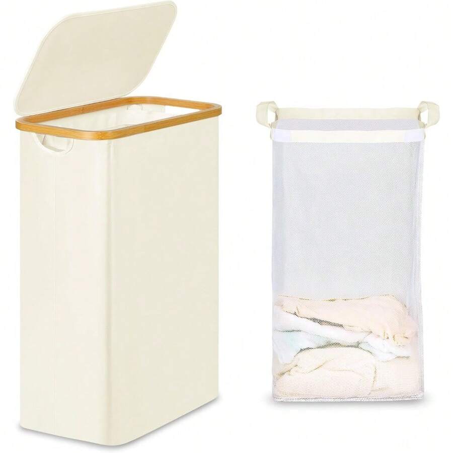 75L Narrow Laundry Basket With Bamb*Oo Handles And Removable Bag For Bathroom & Bedroom Use - Beige Color - Beige - View 1