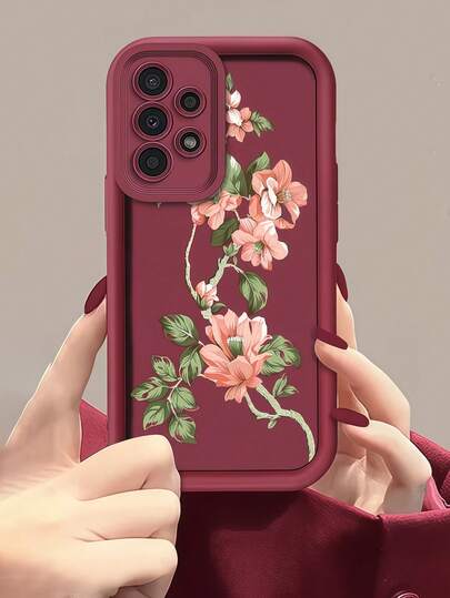 Gradient Frame Green Leaf & Pink Flower Soft Phone Case Compatible With IPhone 16/17 Pro Max, Full-Body Shockproof Protective Cover, Minimalist Design, Cute Cartoon Style, Perfect Protection For Your Phone, Compatible With Honor X7/Galaxy A56 5G/ Smart 8/ Hot 40/Transsion Spark 30C/Spark Go 2024/ Note 14 5G/ Moto E22/E22i/ A54