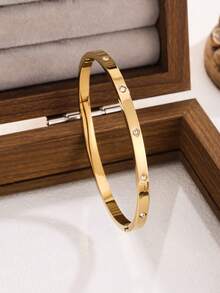 5 peças/conjunto ou 1 peça Bracelete Dourado de Aço Inoxidável, Design de Moda Clássico, Bracelete de Aço Inoxidável com Zircônia, Adequado para Uso Diário de Mulheres - Ouro amarelo - Visão 8