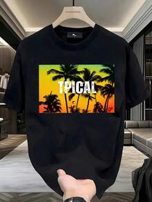 Playera para hombre, tropical, estampado de palmeras y atardecer, letras "TPICAL", vibrante, playero, vacacional, verano 2026, look callejero, juvenil, cómoda, outfit informal, regalo para jóvenes, best seller,  viral,playera de hombre,ropa de hombre,tops,regalos para hombre,nacional envio,oversize hombre. - Negro - Ver 1