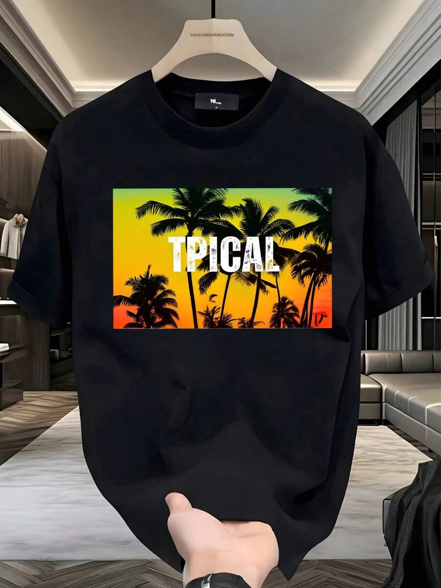 Playera para hombre, tropical, estampado de palmeras y atardecer, letras "TPICAL", vibrante, playero, vacacional, verano 2026, look callejero, juvenil, cómoda, outfit informal, regalo para jóvenes, best seller, viral,playera de hombre,ropa de hombre,tops,regalos para hombre,nacional envio,oversize hombre. - Negro - Ver 1