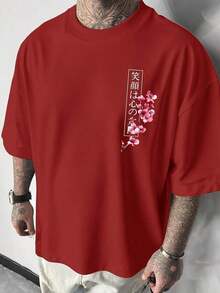 Unisex Japanese Style T-Shirt | Black And White Cherry Blossom And Koi Carp With Samurai Sword Design | Casual Loose Fit, Crew Neck, Comfortable Fabric, Ideal For Spring And Summer - Đỏ - Xem 4