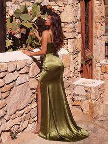 Vestido de fiesta, cóctel o boda con cuello en V plisado, espalda descubierta y abertura, vestido de gala formal, vestido de invitada de boda, vestido de noche elegante, vestido de ceremonia de graduación para mujer - Verde militar - Ver 2